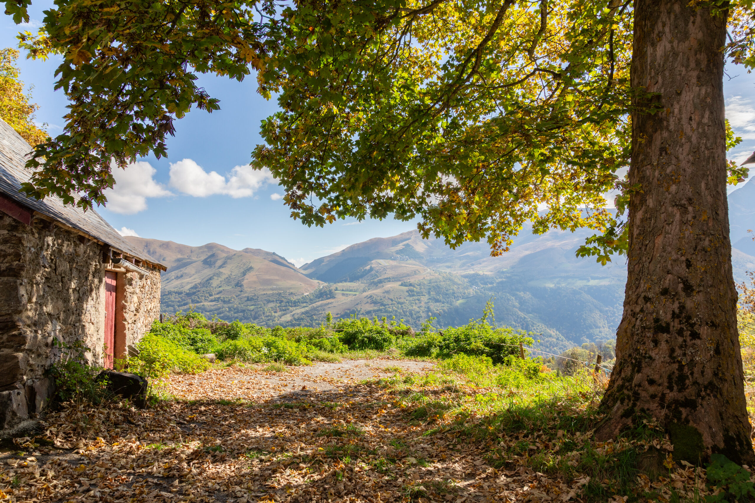 Grange en pierre avec porte rouge sous un arbre en automne, vue sur la vallée du Louron et les sommets pyrénéens